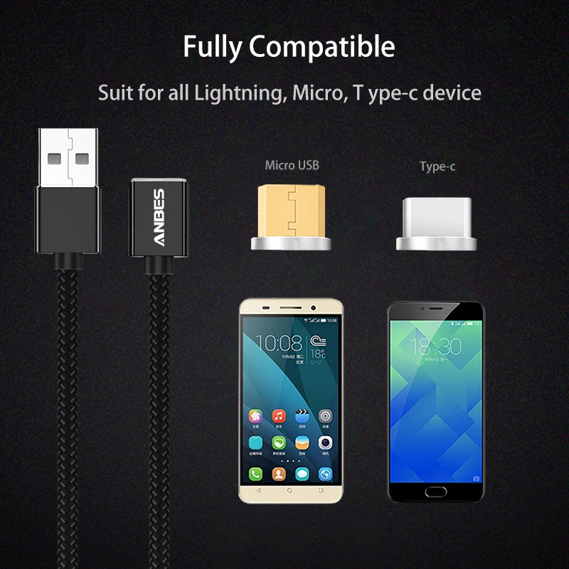 ANBES Магнитный Micro USB кабель нейлоновый Плетеный данных Быстрая Зарядка