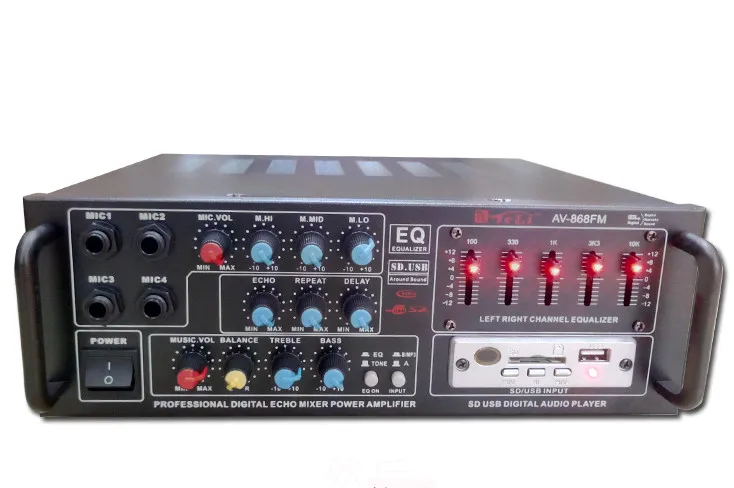 

DC12V/AC220V 300 Вт + 300 Вт AV-868FM Профессиональный цифровой эхо-смеситель домашний караоке аудио усилитель с эквалайзером