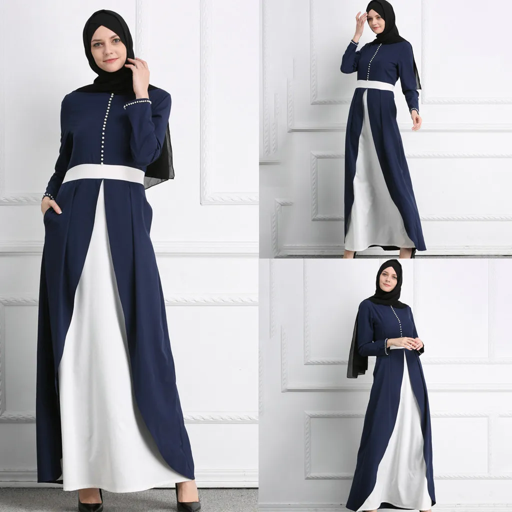 Красивое мусульманское женское платье Abaya Дубай лоскутное с круглым вырезом