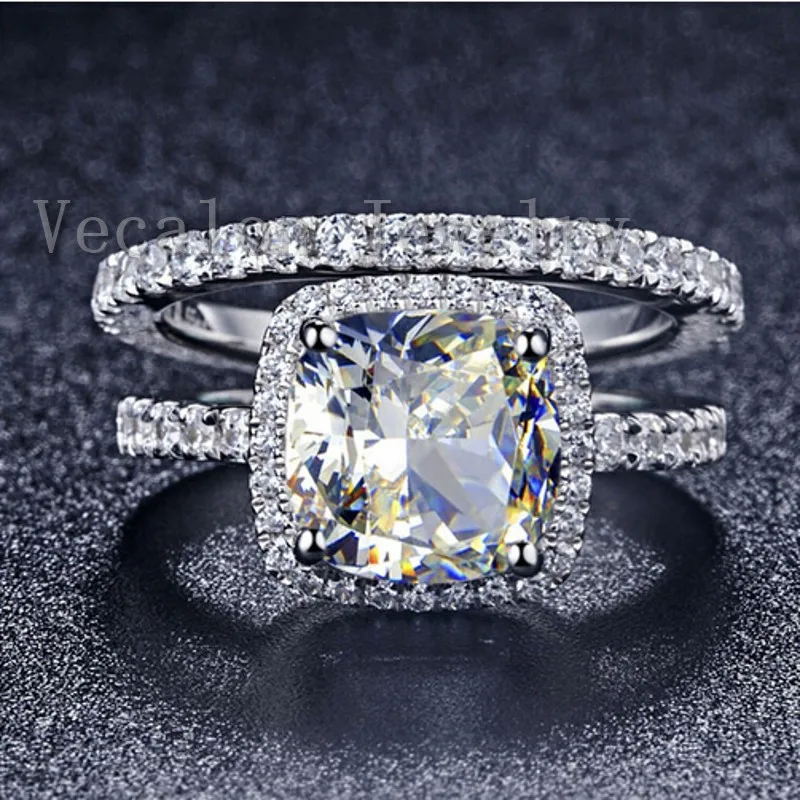 Vecalon 2016 модное женское обручальное кольцо набор с подушкой 3ct AAAAA Циркон Cz 10KT белое