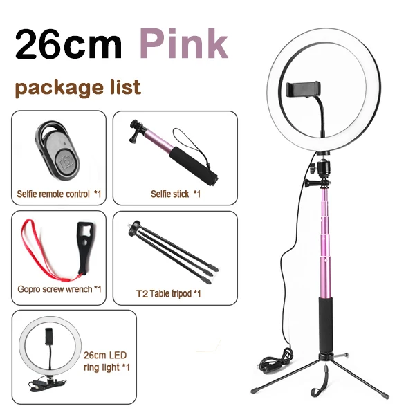 10inch pink 5in1 10 дюймов 26 см Диммируемый светодиодный студийный кольцевой светильник для камеры Фото телефон видео лампа с штативами селфи палка кольцо свет держатель телефона - Цвет: 10inch pink 5in1
