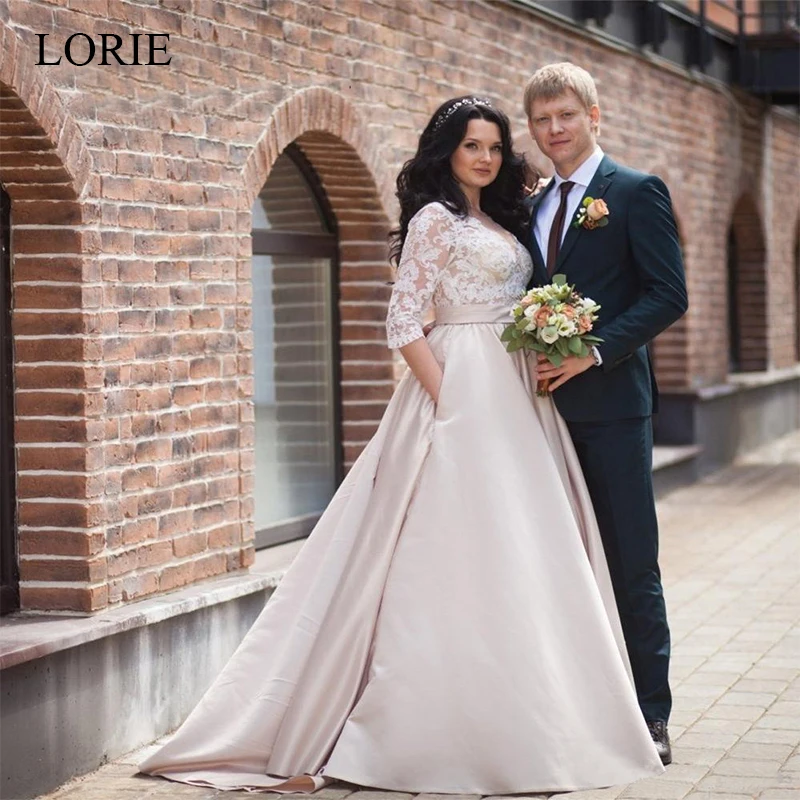 

LORIE Oversize Wedding dress 2019 Plus size Stain and Lace Appliques vestido de noiva Half V neck with pocket Bridal Dress Rome