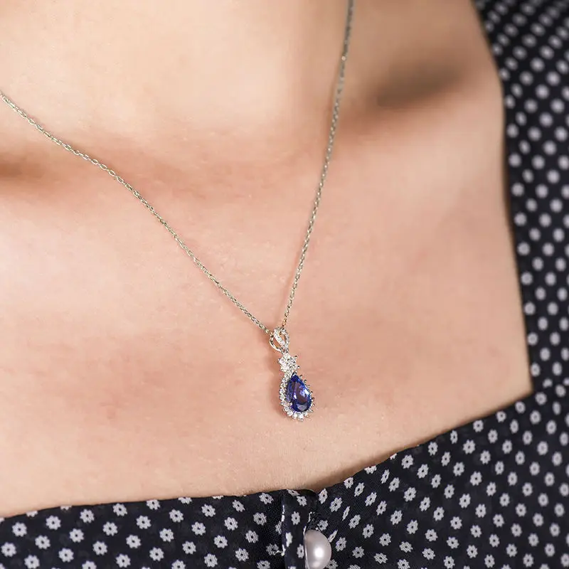 1.46ct AAA Натуральный Танзанит подвески в форме груши 18 к белое золото алмаз 750 кулон
