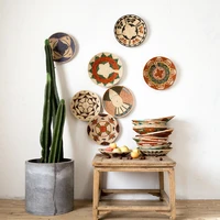 30 39cm round rustic hand woven straw designer model room background wall hanging decoration fruit plate bowls