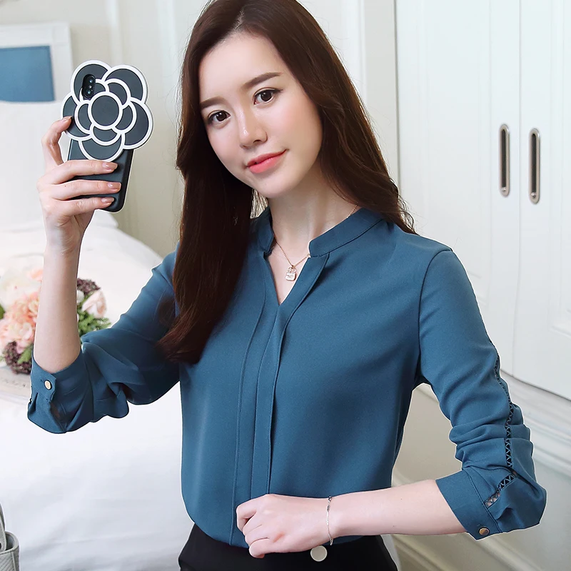 Fashion woman blouses chiffon blouse shirt long sleeve solid blue OL blouse women tops blusa feminina shirt women 0913 40