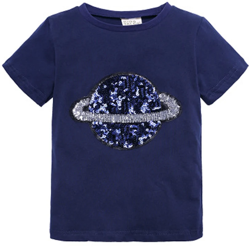 Dark blue Г., летняя модная повседневная футболка для маленьких мальчиков и девочек с блестками и принтом «Планета» Однотонная футболка для маленьких девочек одежда с короткими рукавами От 1 до 8 лет - Цвет: Dark blue