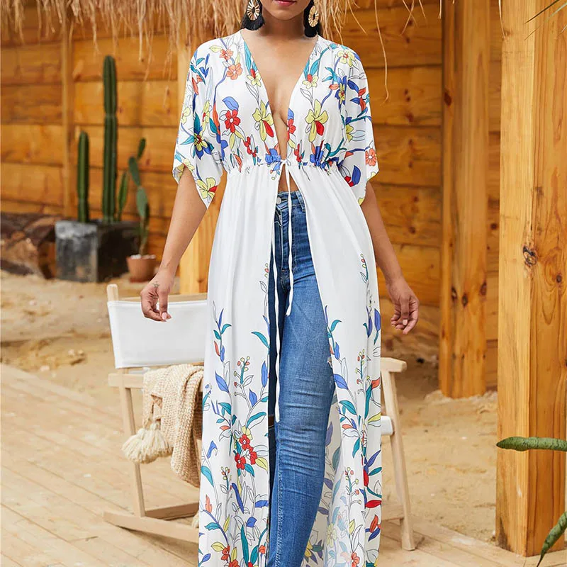 Женское солнцезащитное пальто дышащее длинное с v образным вырезом и эластичной