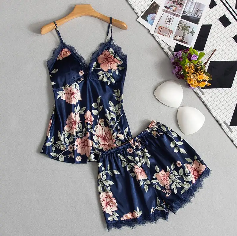 navy blue B Атласная женская пижама с подушками на груди, сексуальная женская пижама, кружевная Пижама для сна, 5 штук в комплекте, Женская домашняя одежда - Цвет: navy blue B
