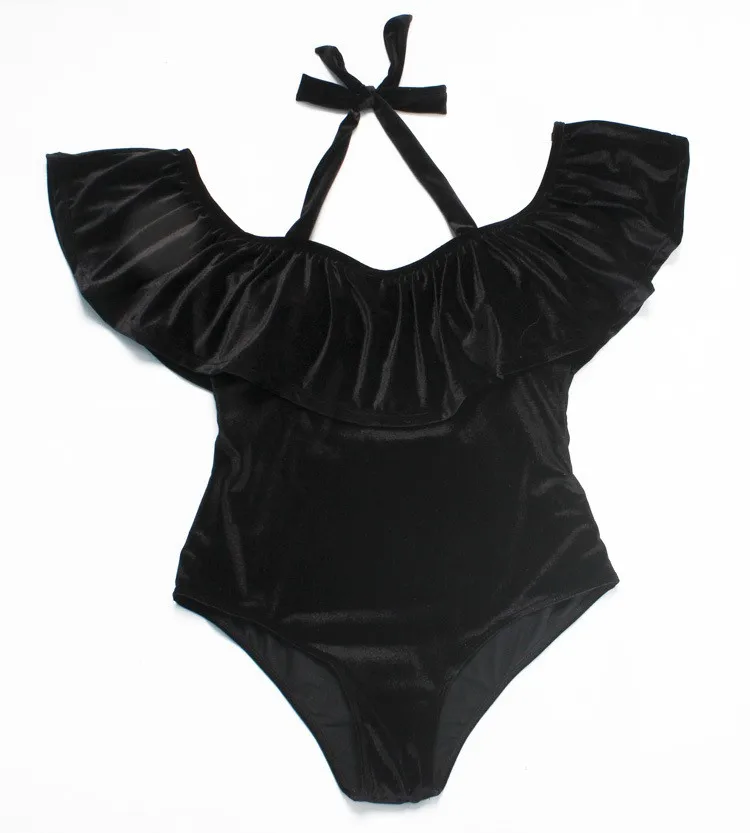 Винтажный плюс размер XL-4XL черный бархатный цельный купальник для полных женщин с оборками с плеча цельный купальный костюм для женщин