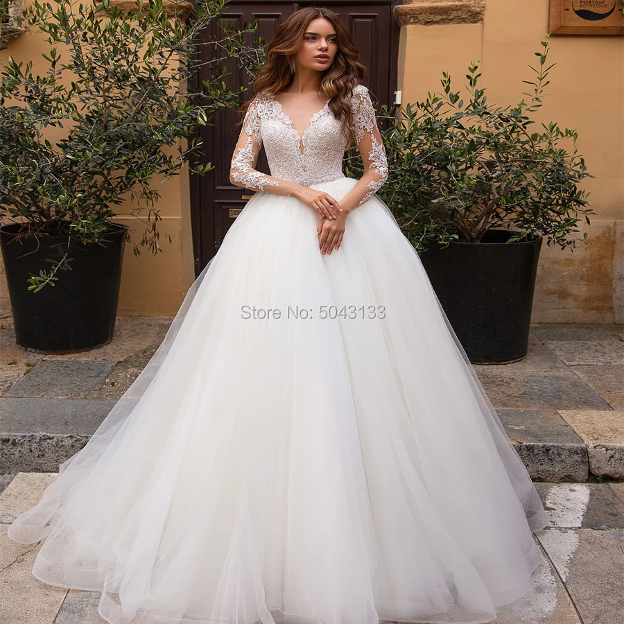 Белое кружевное свадебное платье с длинным рукавом свадебные платья аппликацией