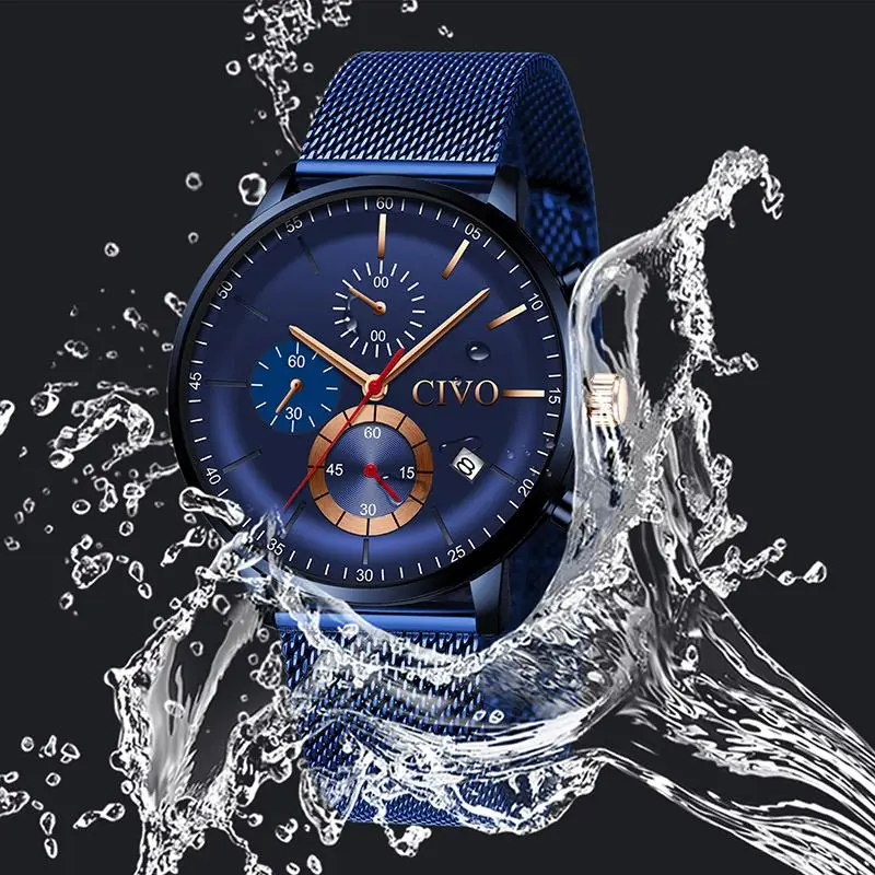 CIVO горячие модные спортивные мужские часы Водонепроницаемые Синие Роскошные