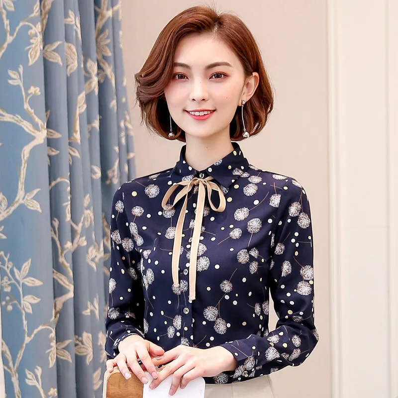 Женские модные набивные шифоновые блузки большие размеры S-3XL украшенные бантом