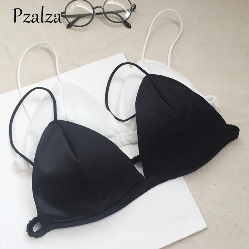 Pzalza, сексуальный Гладкий Шелковый черный, белый бюстгальтер, мягкий треугольный бюстгальтер, глубокий v-образный вырез, топ, Женский атласный бюстгальтер, без косточек, бюстгальтеры для женщин