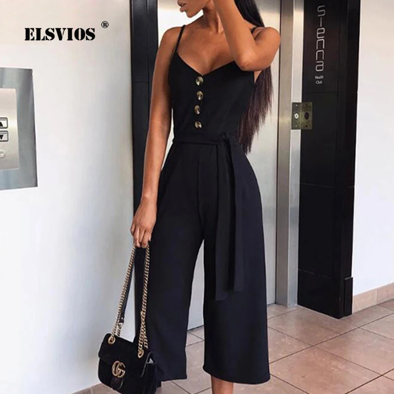 

ELSVIOS Elegant Solid Button Spaghetti Strap Jumpsuit Romper Ladies Sleeveless Sashes Playsuit Women Casual V-neck Overalls