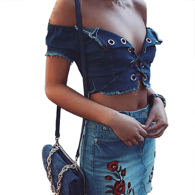 HiloRill Denim Crop Top Woman Strappy Croptop короткий рукав кружево до v-образным вырезом Футболка