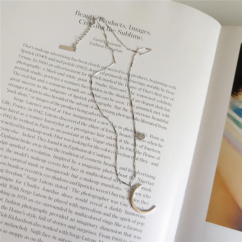 

925 Sterling Silver Round Zircon Moon Pendant Necklace Silver Water Wave Chain Choker Necklace For Women Jewelry Girls Collar