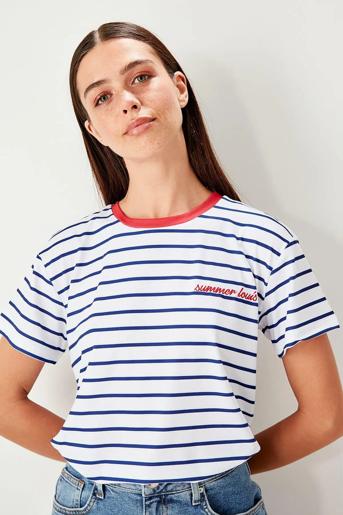 Trendyol темно синие полосатые Базовые Трикотажные футболки TWOSS19TS0042|Футболки| |