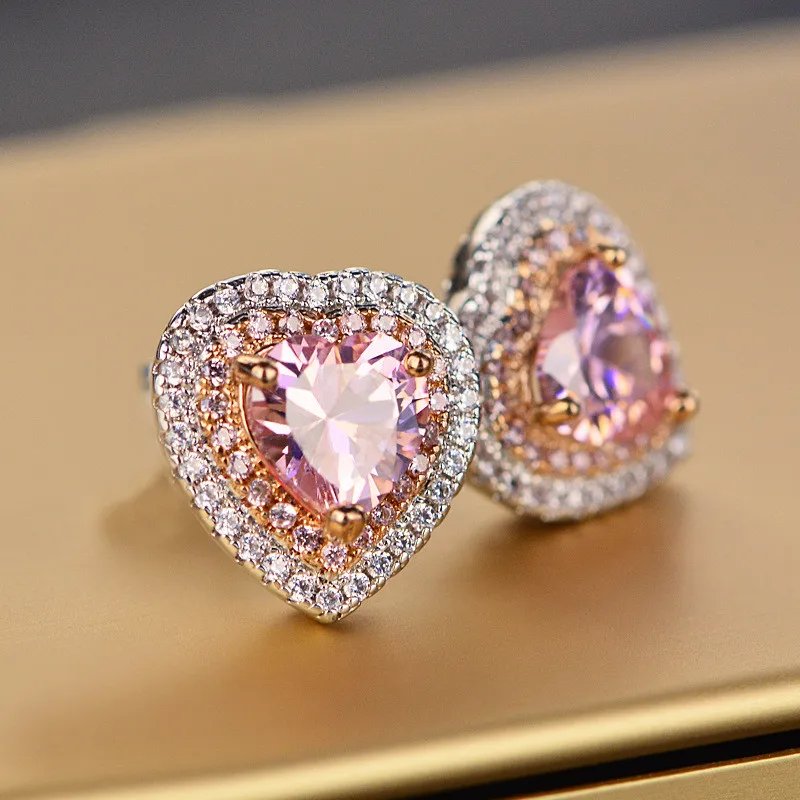 Серьги-гвоздики для женщин, Серебро S925 пробы, хорошее ювелирное изделие, розовое сердце любовь, Brincos, для невесты, свадьбы, помолвки, романтическая бижутерия