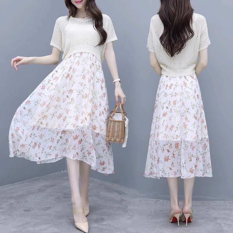 

summer dress suit short sleeve chiffon dresses shoulder-straps two-piece outfit knitted top blouse vestidos women outfit