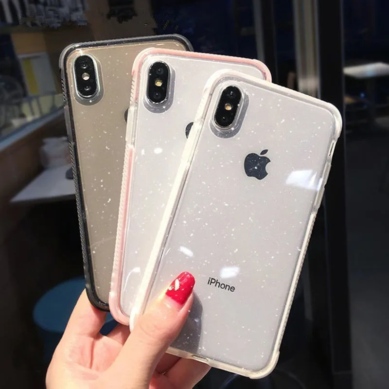 Роскошный чехол с блестками для телефона IPhone X XR XS Max 8 7 Plus 6 6S прозрачного мягкого TPU материала, ударопрочный с блестящей задней крышкой.