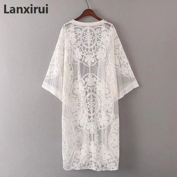 Белый кружевной кардиган кимоно Boho женский прозрачный Удлиненный топ для