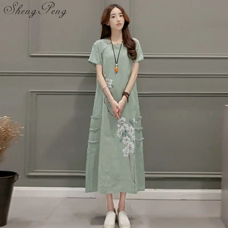 

2018 new linen dress ao dai vintage ethnic aodai full sleeve qipao women long cheongsams dress for party 2128 dress V005
