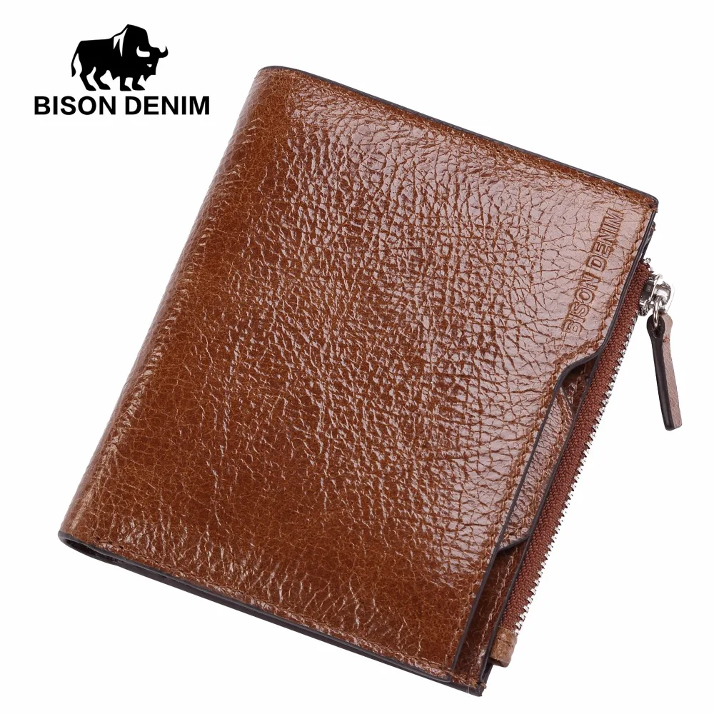 BISON DENIM мужские кошельки из воловьей кожи, мужской кошелек, короткий кошелек для монет, винтажный кошелек на молнии, брендовый дизайнерский тонкий кошелек W4454