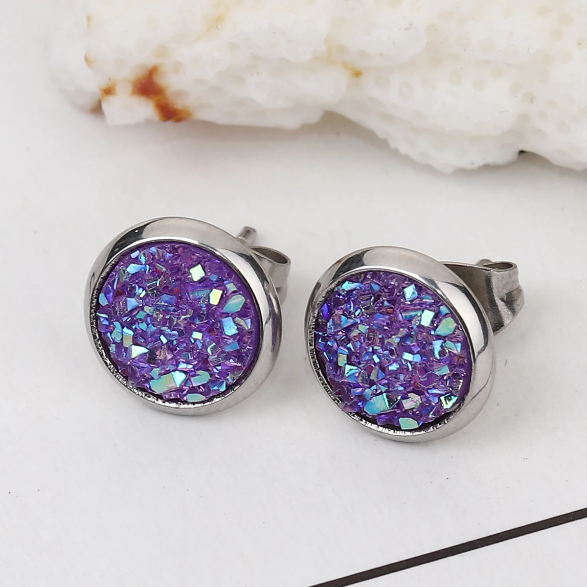 Нержавеющая сталь Druzy/Drusy серьги гвоздики серебряный цвет фуксия круглый AB Цвет 10