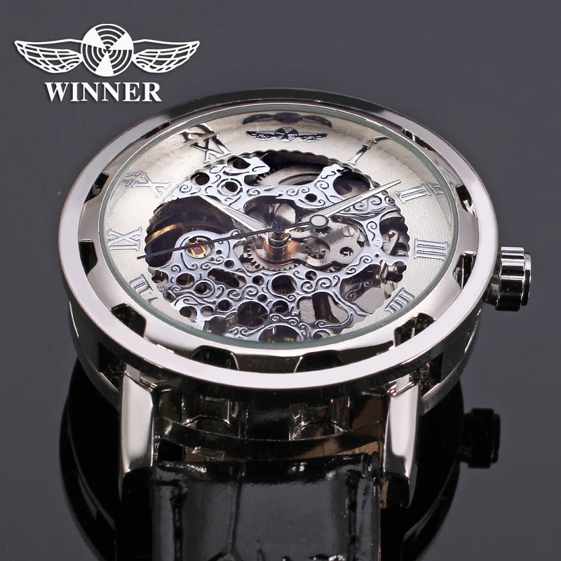 Winner Men's Watch Mechanical Movt Transparent Crystal Leather Strap Stylish Analog Fashion Wristwatch Color White WRG8008M3S1 | Наручные