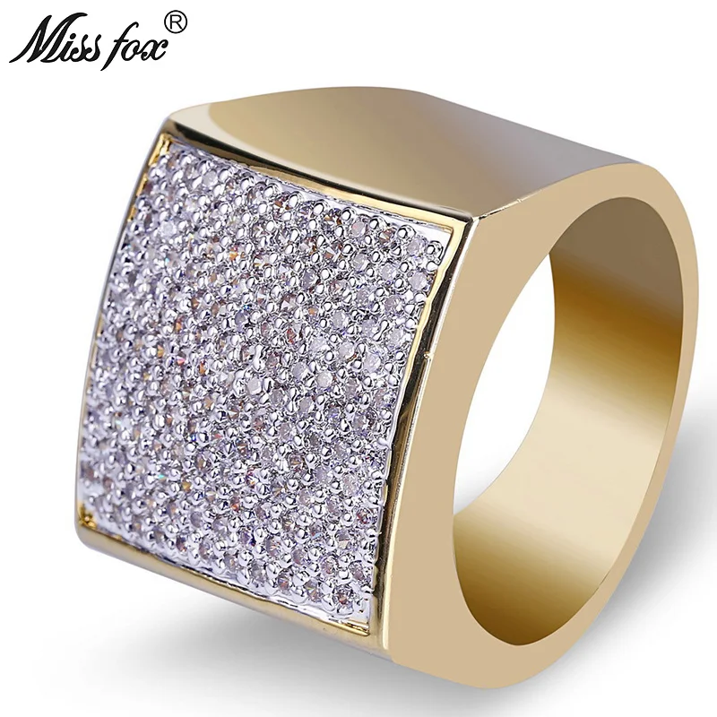 MISSFOX в стиле хип хоп с квадратным 18k золотые кольца Для мужчин Элитный бренд