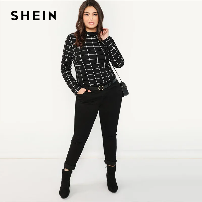 SHEIN Джемпер Размера Плюс С Длинным Рукавом В Клетку, Клетчатый Офисный Джемпер