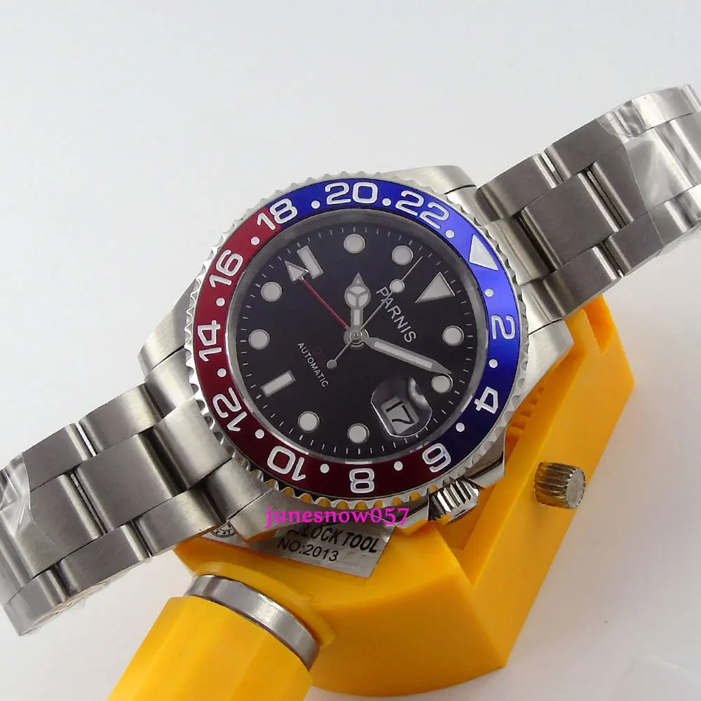 Часы Parnis 40 мм черный циферблат GMT синий красный ободок сапфировое стекло