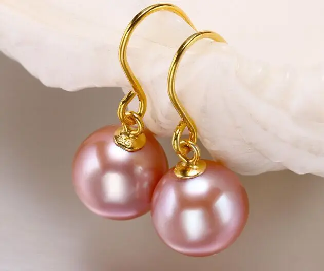 

gorgeous AAA10-11mm round south sea lavender pearl dangle earring 14k