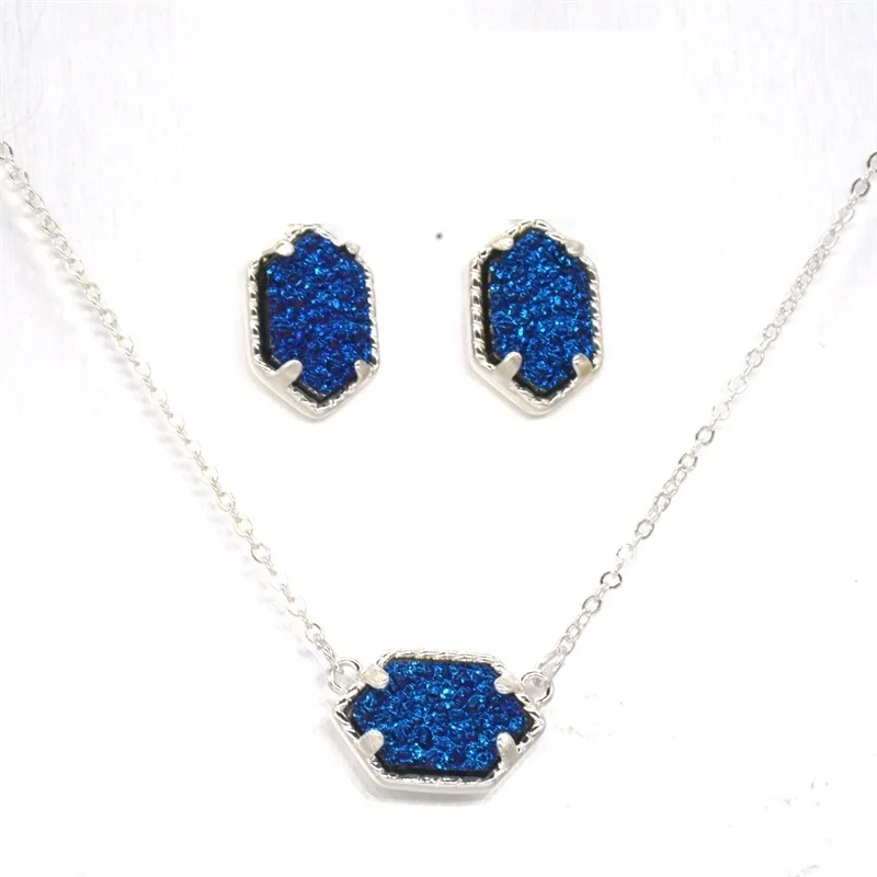 10 видов цветов Druzy Drusy ожерелье серьги гвоздики Шестигранная Серебряная цветная