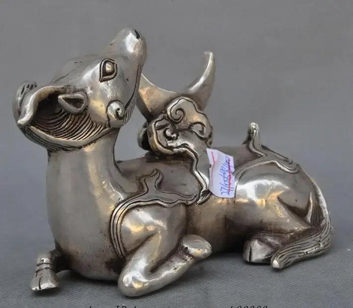 Старая китайская народная фэншуй Серебряная Статуэтка быка счастливого