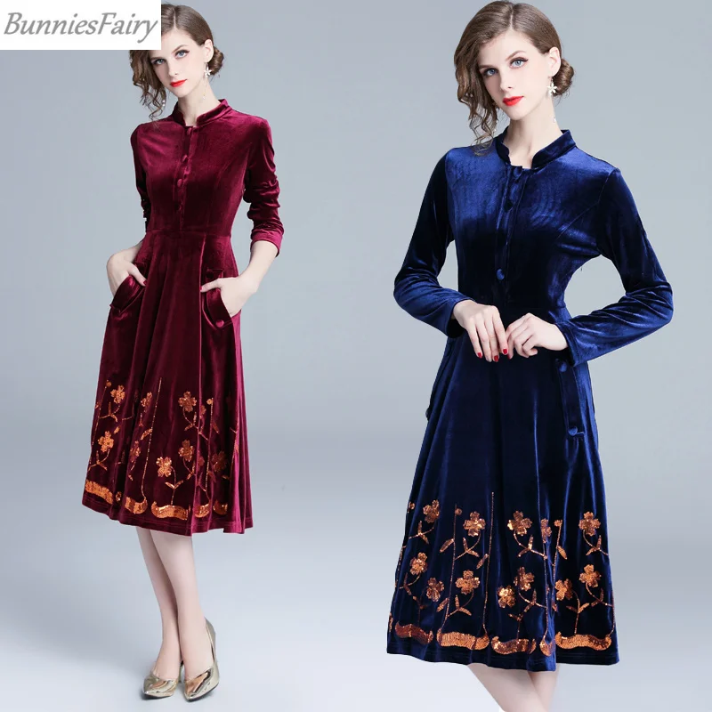 BunniesFairy 2019 весеннее женское винтажное вельветовое платье средней длины с
