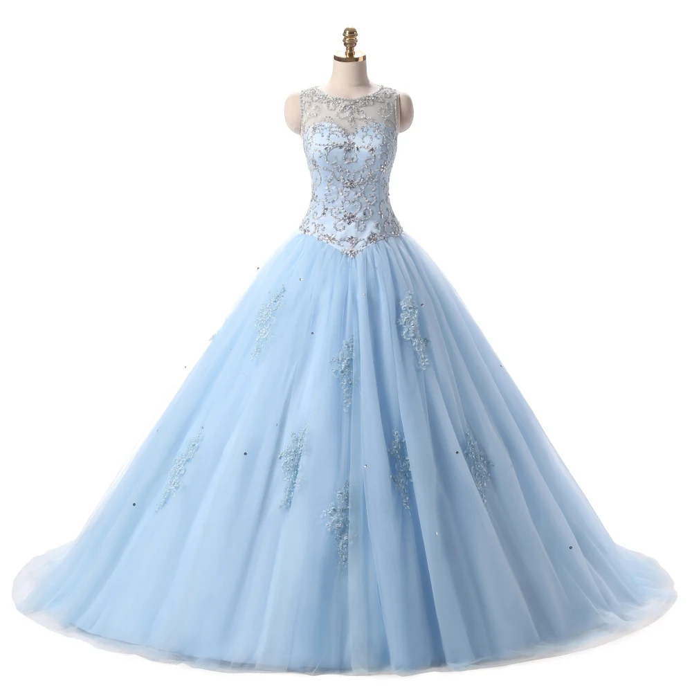 Небесно-Голубой Розовый Бальное платье Quinceanera Платье Тяжелое Вышитый Бисером