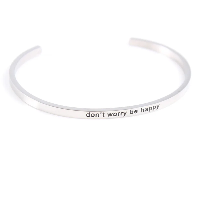 Silver Rose Gold Don't Worry Be Happy 316L Stainless Steel Bangle Engraved Positive Inspirational Quote Mantra Bracelet | Украшения и