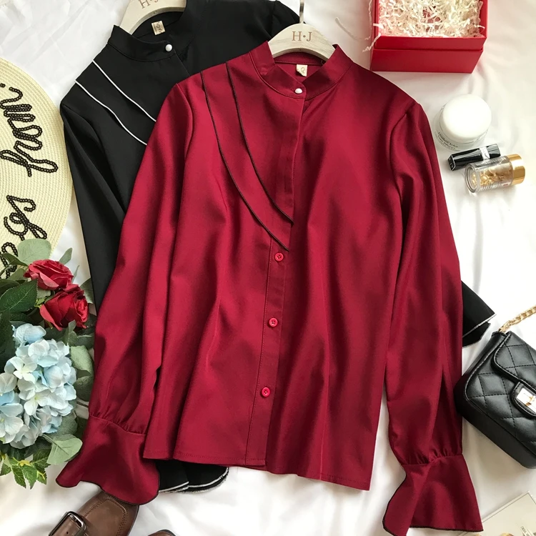 Neploe 2019 Modis Solid Single Breasted Blouse Casual Loose Stand Collar Women Shirt Spring Autumn Fashion Chiffon Top 69656 |