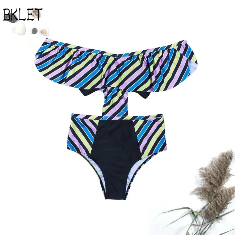 

One Piece Swimsuit Print Swimwear Hollow Out Waist Sexy Suspenders Flounce Collar Hem Slim Body Suit 2018