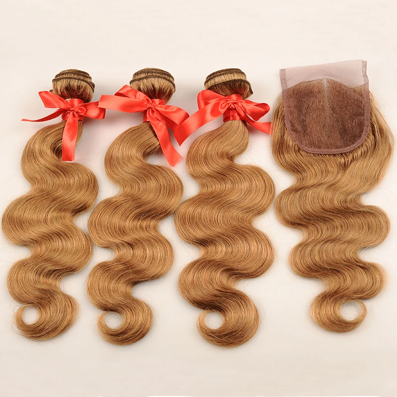 Pinshair перуанские волосы 3 пучка с закрытием медовый блонд#27 цветные человеческие волосы волнистые пучки с закрытием не линяют не Реми