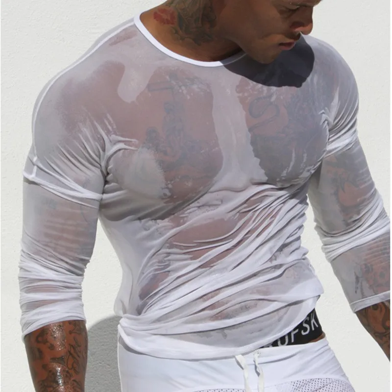 Mens underwear transparent gauze long sleeve T-shirt men's sexy tights undershirt tops tank | Мужская одежда