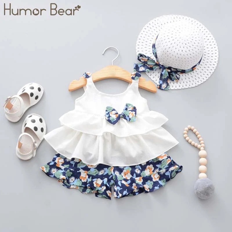 Humor Bear/Новая летняя одежда для маленьких девочек жилет на бретелях с бантом+ шорты с цветочным принтом+ модная шапочка, комплект из 3 предметов, комплект одежды для малышей Одежда для девочек