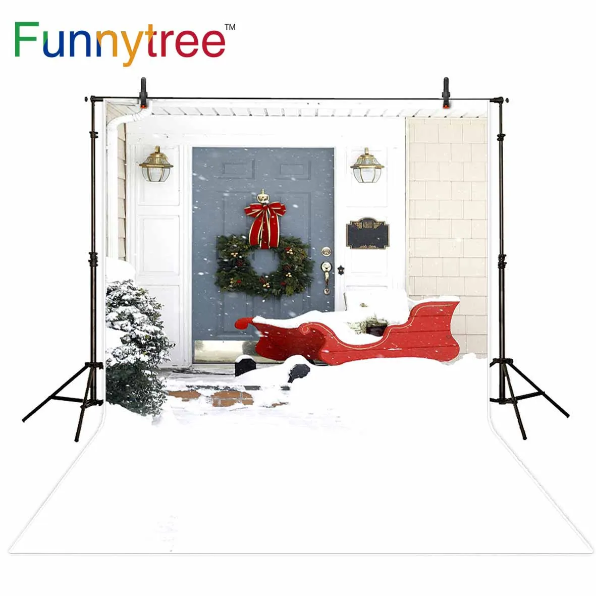 Фон Funnytree для фотостудии Рождественский Декор Двери снежные сани зимний фон