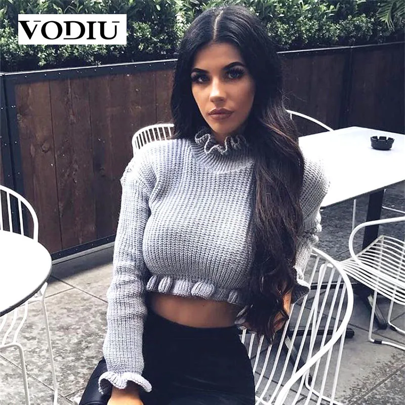 Pullover Women Sweaters Autumn Winter Loose Ruffled Collar Long Sleeve Short Sweater Sexy Fashion Top Knitting | Женская одежда