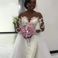 illusion long sleeves detachable mermaid wedding dress bridal gown vestido de noiva