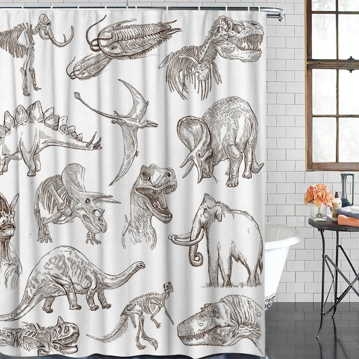 WARMTOUR Shower Curtain Dinosaur Illustrations Cartoon Waterproof Bathroom Decor | Дом и сад