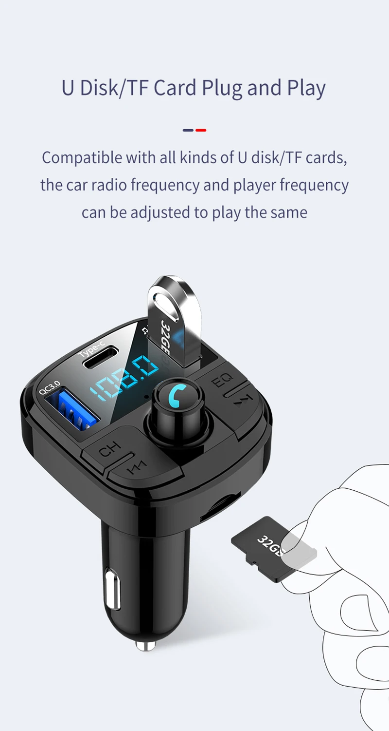 Автомобильный комплект громкой связи с Bluetooth, управление одним ключом, беспроводной Bluetooth fm-передатчик, ЖК MP3-плеер QC3.0, USB зарядное устройство, тип-c, свободные руки