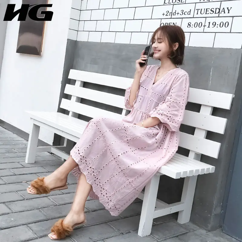 Женское платье с коротким рукавом HG однотонное до середины икры треугольным