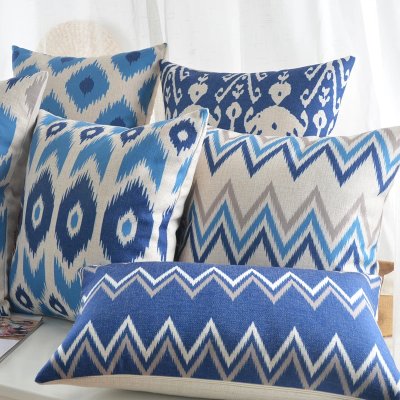 Льняная наволочка домашний декоративный чехол для подушки Ikat синий серый
